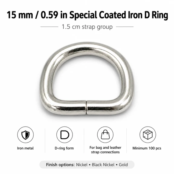 1,5 cm özel kaplama D-toka D-halka, zamak malzemeden üretilmiş, dayanıklı ve pratik tasarım, çanta askı ve kayış sistemleri