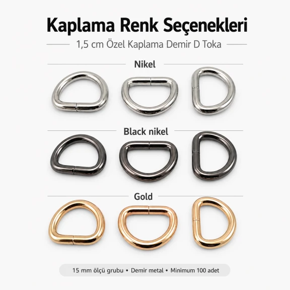 1,5 cm özel kaplama D-toka D-halka, zamak malzemeden üretilmiş, dayanıklı ve pratik tasarım, çanta askı ve kayış sistemleri