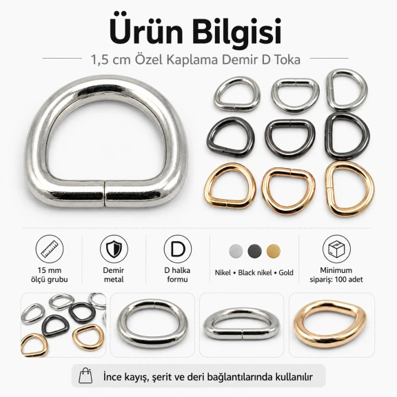 1,5 cm özel kaplama D-toka D-halka, zamak malzemeden üretilmiş, dayanıklı ve pratik tasarım, çanta askı ve kayış sistemleri