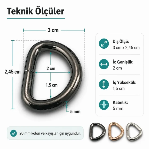 2 cm Özel Kaplama D Toka D Halka Demir SB 1159, 25 mm kayış ve askı sistemleri için ideal metal bağlantı halkası