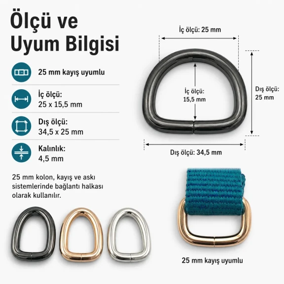 2.5 cm / 25 mm / 0.98 in Special Coated Iron D Ring SB 1175 for bags and accessories