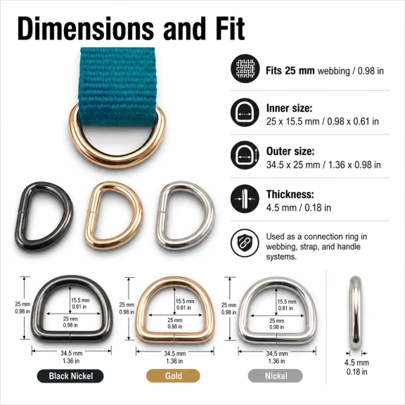 2.5 cm / 25 mm / 0.98 in Special Coated Iron D Ring SB 1175 for bags and accessories