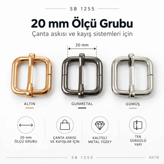 Metal Askı Ayar Tokası 2 cm Tek Sürgülü Özel Kaplama SB 1255 - 5 cm genişliğinde, metal malzemeden üretilmiş, çanta ve