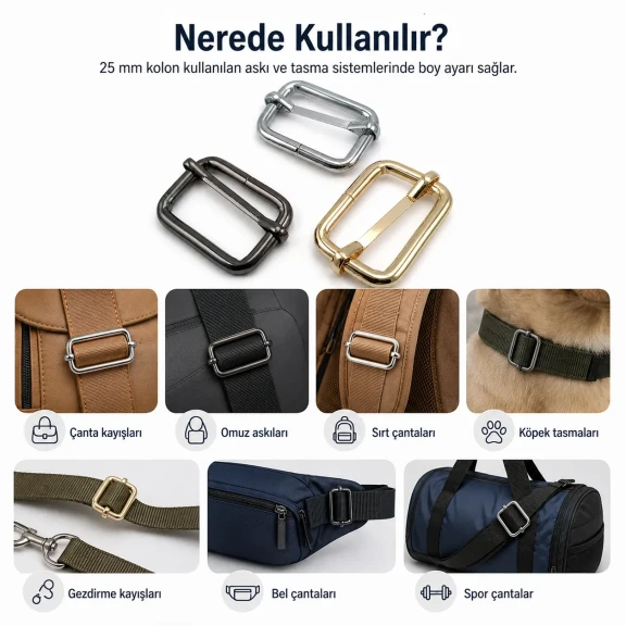 2,5 cm Metal Askı Ayar Tokası Tek Sürgülü SB 1261 - 25 mm genişliğindeki kayışlar için ideal ayar çözümü