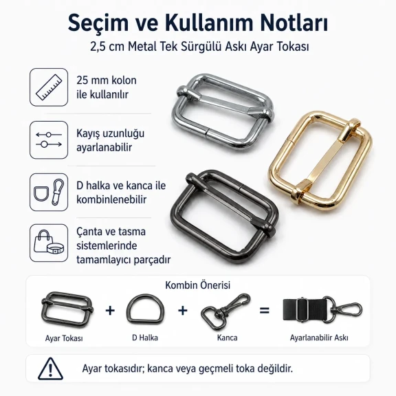 2,5 cm Metal Askı Ayar Tokası Tek Sürgülü SB 1261 - 25 mm genişliğindeki kayışlar için ideal ayar çözümü