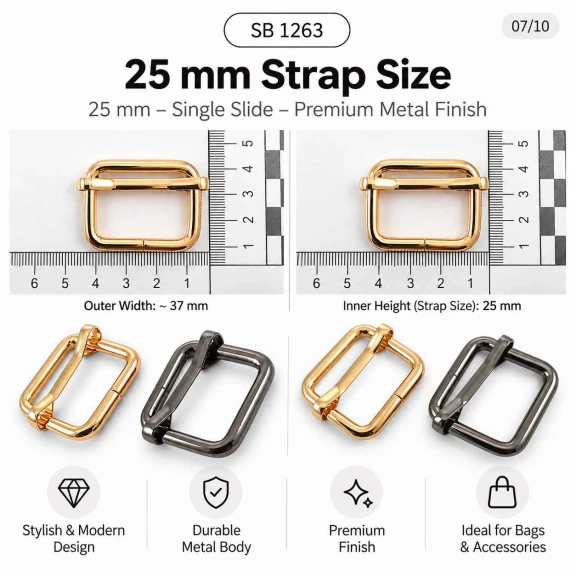 2,5 cm Metal Askı Ayar Tokası - Tek Sürgülü Özel Kaplamalı, çanta ve aksesuarlar için ideal ayar çözümü