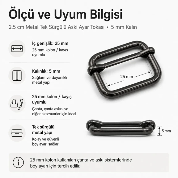 2,5 cm Metal Askı Ayar Tokası Tek Sürgülü, 5 mm Kalın, Çanta ve Aksesuar Kullanımı İçin Uygun