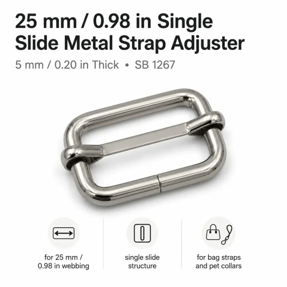 2,5 cm Metal Askı Ayar Tokası Tek Sürgülü, 5 mm Kalın, Çanta ve Aksesuar Kullanımı İçin Uygun