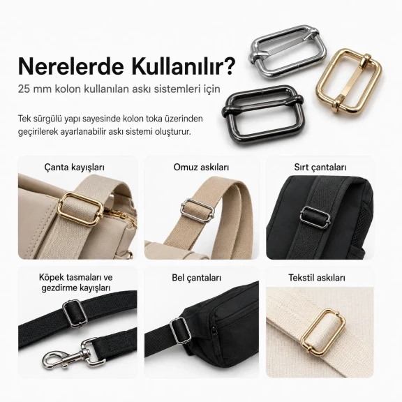 2,5 cm Metal Askı Ayar Tokası Tek Sürgülü, 5 mm Kalın, Çanta ve Aksesuar Kullanımı İçin Uygun