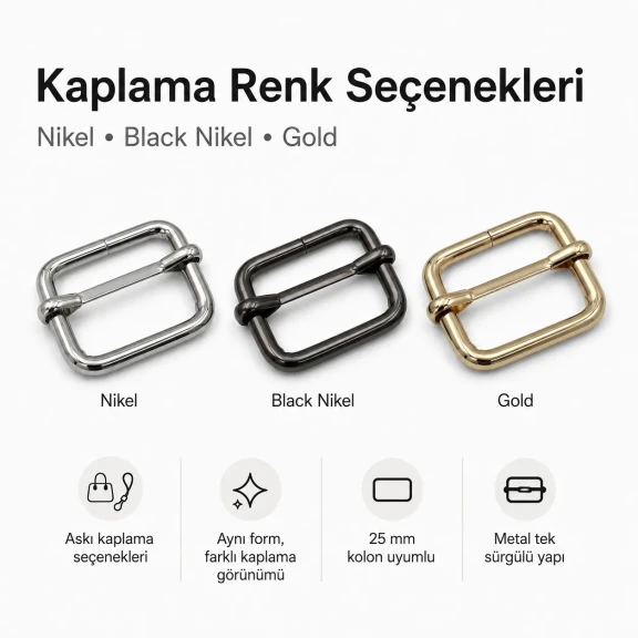 2,5 cm Metal Askı Ayar Tokası Tek Sürgülü, 5 mm Kalın, Çanta ve Aksesuar Kullanımı İçin Uygun