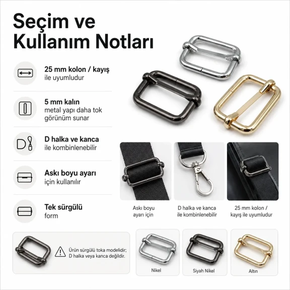 2,5 cm Metal Askı Ayar Tokası Tek Sürgülü, 5 mm Kalın, Çanta ve Aksesuar Kullanımı İçin Uygun