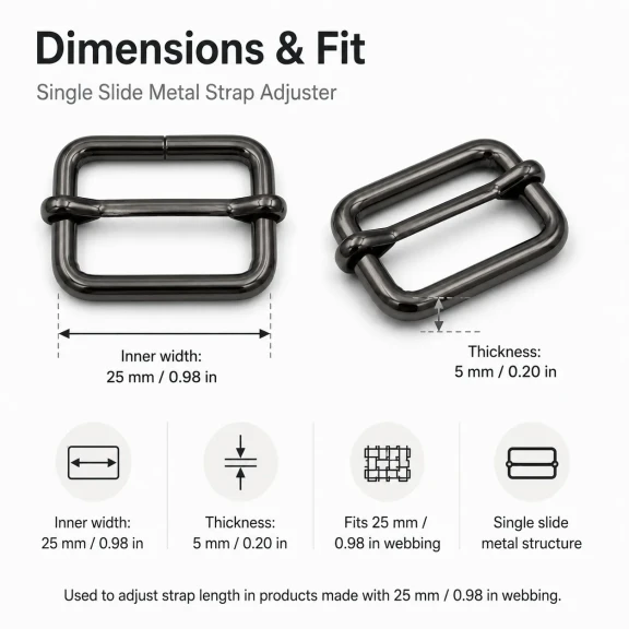 2,5 cm Metal Askı Ayar Tokası Tek Sürgülü, 5 mm Kalın, Çanta ve Aksesuar Kullanımı İçin Uygun