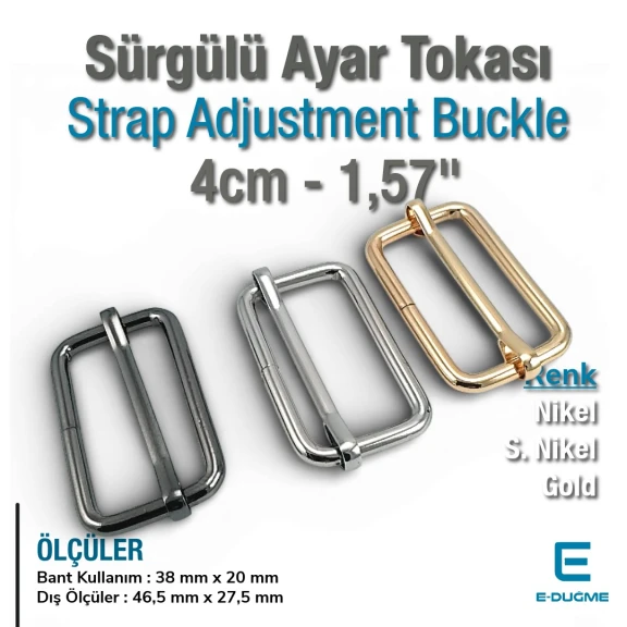 4 cm Metal Askı Ayar Tokası Tek Sürgülü Özel Kaplama SB 1279