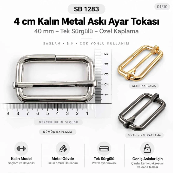 4 cm Metal Askı Ayar Tokası - Kalın Model, Tek Sürgülü, Özel Kaplama SB 1283