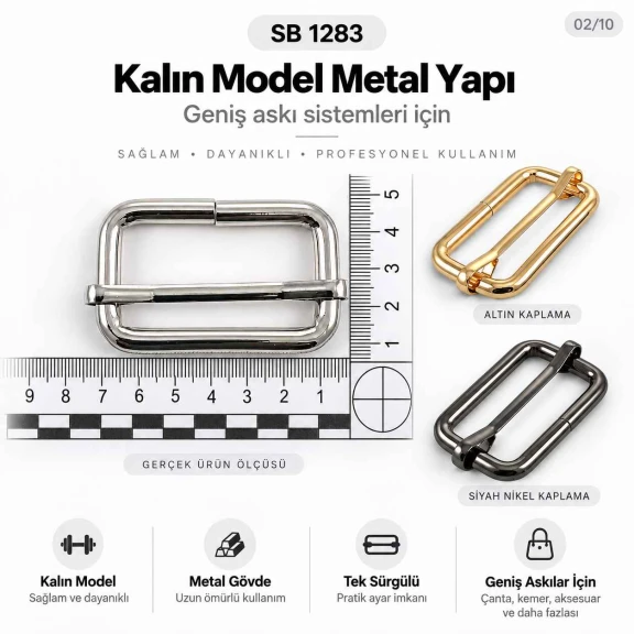 4 cm Metal Askı Ayar Tokası - Kalın Model, Tek Sürgülü, Özel Kaplama SB 1283