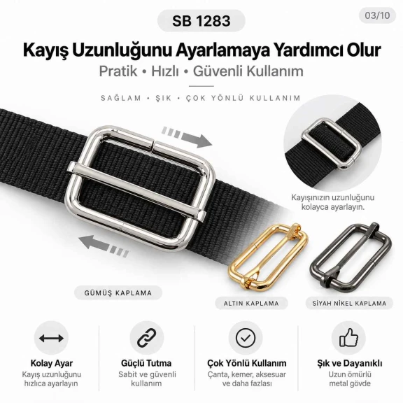 4 cm Metal Askı Ayar Tokası - Kalın Model, Tek Sürgülü, Özel Kaplama SB 1283