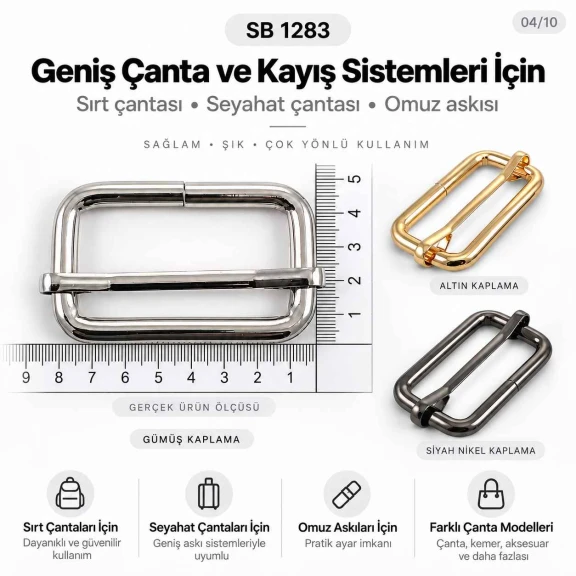 4 cm Metal Askı Ayar Tokası - Kalın Model, Tek Sürgülü, Özel Kaplama SB 1283