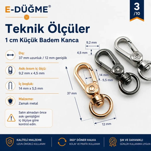 1 cm Küçük Badem Kanca Papağan Kanca Yaylı Döner Kanca SB 17017, metal zamak malzemeden üretilmiş, çanta, kemer ve el