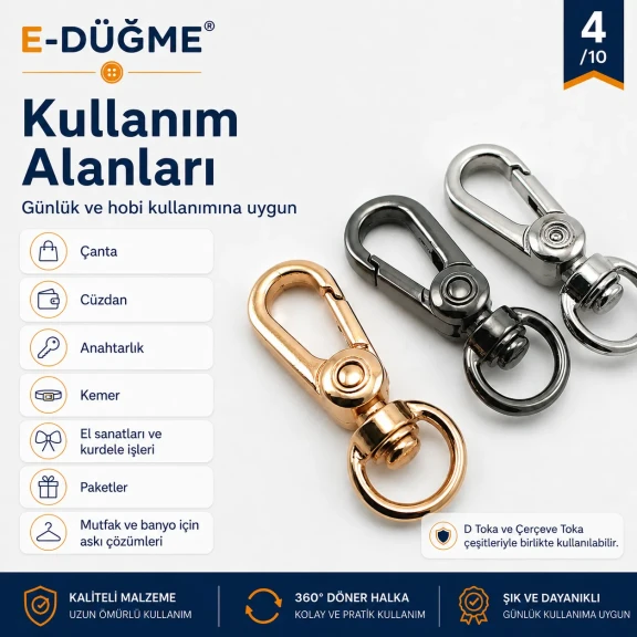 1 cm Küçük Badem Kanca Papağan Kanca Yaylı Döner Kanca SB 17017, metal zamak malzemeden üretilmiş, çanta, kemer ve el