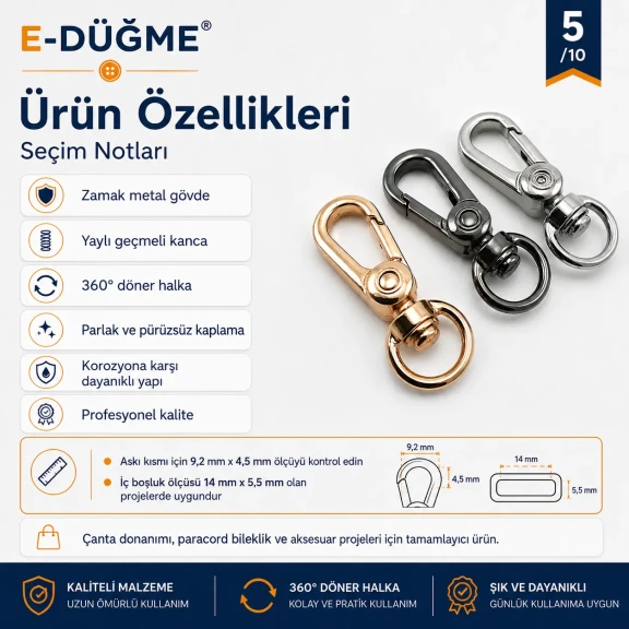 1 cm Küçük Badem Kanca Papağan Kanca Yaylı Döner Kanca SB 17017, metal zamak malzemeden üretilmiş, çanta, kemer ve el