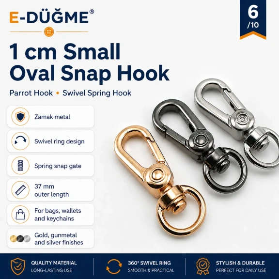 1 cm Küçük Badem Kanca Papağan Kanca Yaylı Döner Kanca SB 17017, metal zamak malzemeden üretilmiş, çanta, kemer ve el