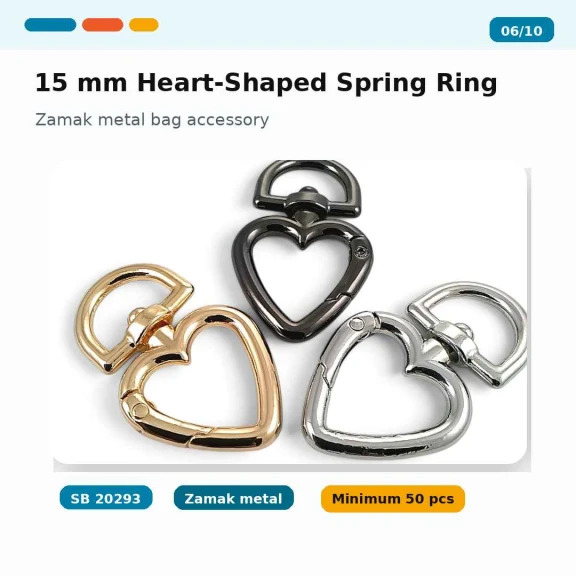 15 mm Heart-Shaped Spring Ring for Bags, Metal Buckle with Durable Finish, Ideal for Bags and Outdoor Gear