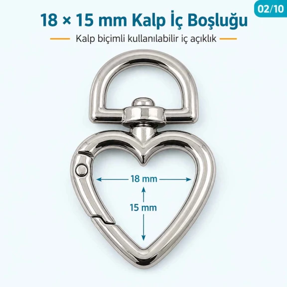 1,5 cm Kalp Yaylı Halka - Zamak Metal Çanta ve Anahtarlık Halkası SB 20293, 15 mm iç açıklık, dayanıklı malzeme, dekoratif