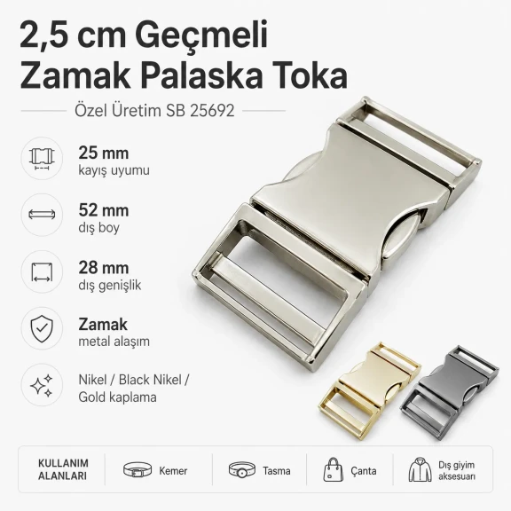 Palaska Tokası 2,5 cm Geçmeli Zamak Toka, güvenli ve şık bağlantı çözümü, 25 mm genişlik, 52 mm dış boy, 28 mm en geniş yer