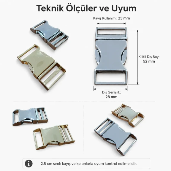 Palaska Tokası 2,5 cm Geçmeli Zamak Toka, güvenli ve şık bağlantı çözümü, 25 mm genişlik, 52 mm dış boy, 28 mm en geniş yer