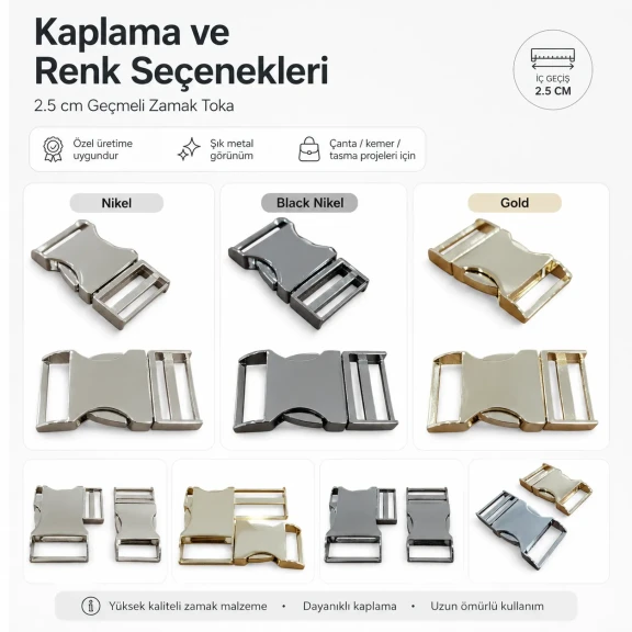 Palaska Tokası 2,5 cm Geçmeli Zamak Toka, güvenli ve şık bağlantı çözümü, 25 mm genişlik, 52 mm dış boy, 28 mm en geniş yer