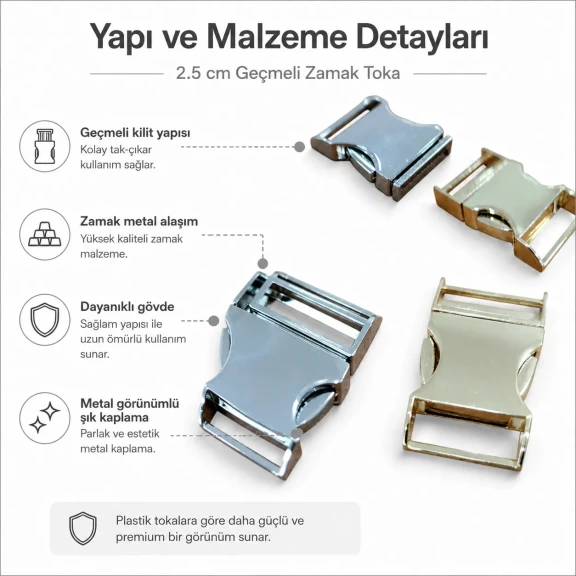 Palaska Tokası 2,5 cm Geçmeli Zamak Toka, güvenli ve şık bağlantı çözümü, 25 mm genişlik, 52 mm dış boy, 28 mm en geniş yer