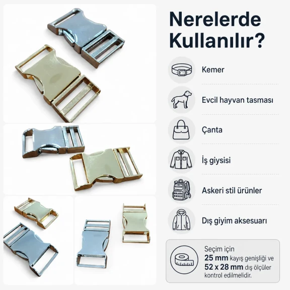 Palaska Tokası 2,5 cm Geçmeli Zamak Toka, güvenli ve şık bağlantı çözümü, 25 mm genişlik, 52 mm dış boy, 28 mm en geniş yer