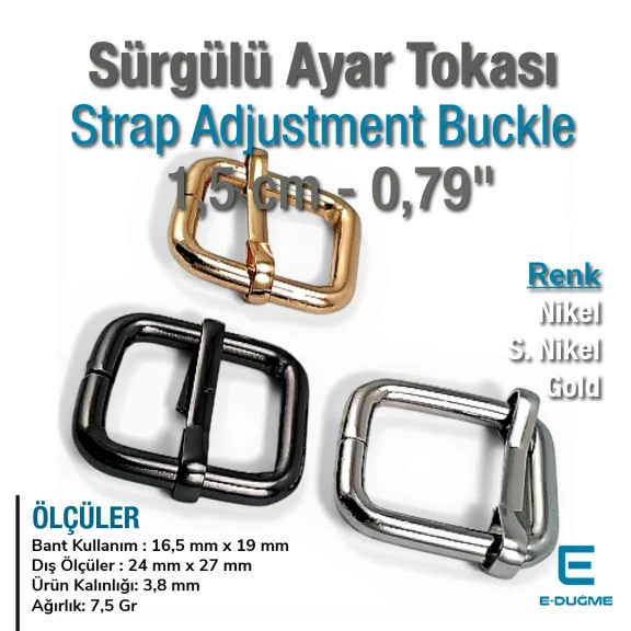 1.5 cm Geniş Metal Askı Ayar Tokası Tek Sürgülü Özel Kaplama SB 5852
