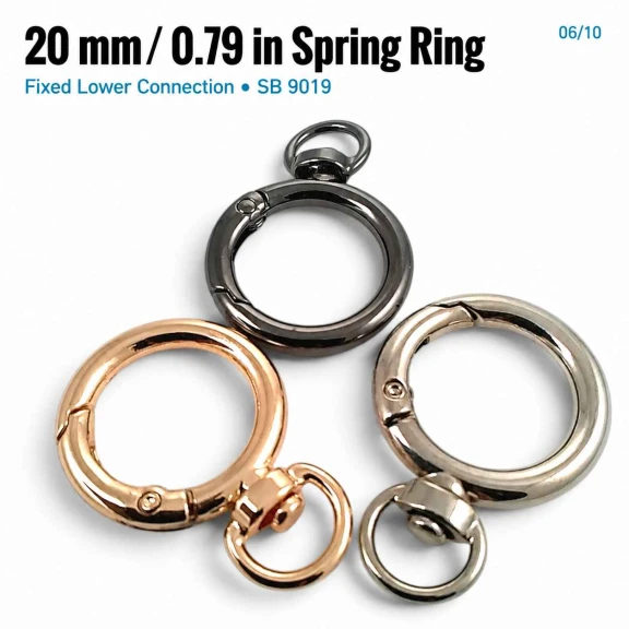 20 mm Fixed Spring-Loaded Keychain Ring SB 9019 for bags and accessories, made of zamak metal with multiple finish options.