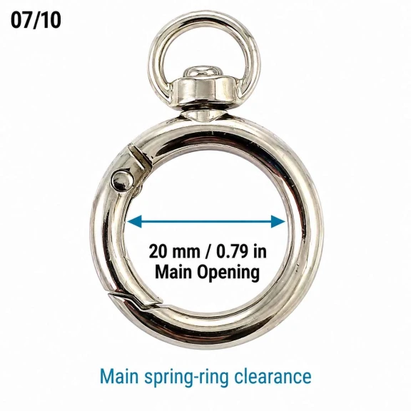 20 mm Fixed Spring-Loaded Keychain Ring SB 9019 for bags and accessories, made of zamak metal with multiple finish options.