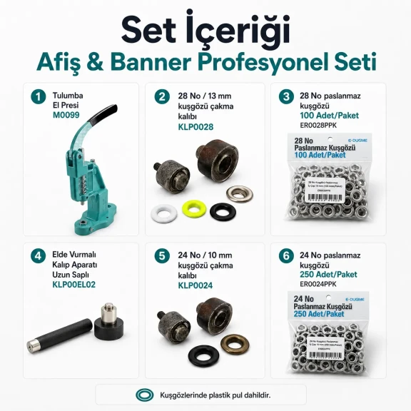 Afiş & Banner Profesyonel Kuşgözü Seti – 10 mm ve 13 mm Presli Set BANNER-PRO-SET06