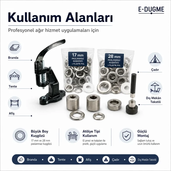 Ağır Hizmet Branda ve Tente Kuşgözü Seti – Tulumba El Presi, No 31 ve No 34 Dahil BRANDA-HEAVY-SET03
