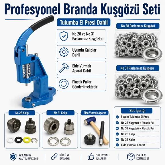 Profesyonel Branda Kuşgözü Seti – Tulumba El Presi, No 28 ve No 31 Kuşgözü Dahil - BRANDA-PRO-SET02
