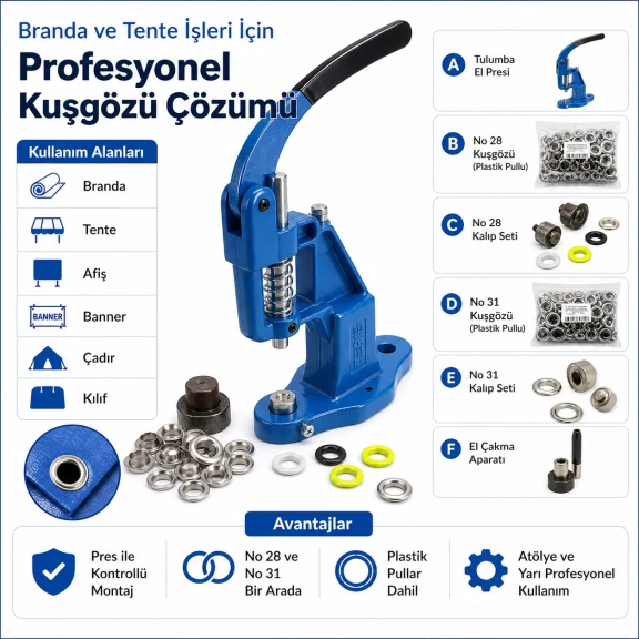 Profesyonel Branda Kuşgözü Seti – Tulumba El Presi, No 28 ve No 31 Kuşgözü Dahil - BRANDA-PRO-SET02