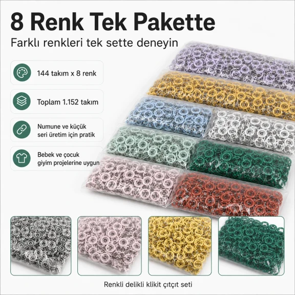 Bebe Çıtçıtı 9,5 mm 8 Renk Set Delikli Klikıt Çıtçıt Renkli Set C0095DP8R