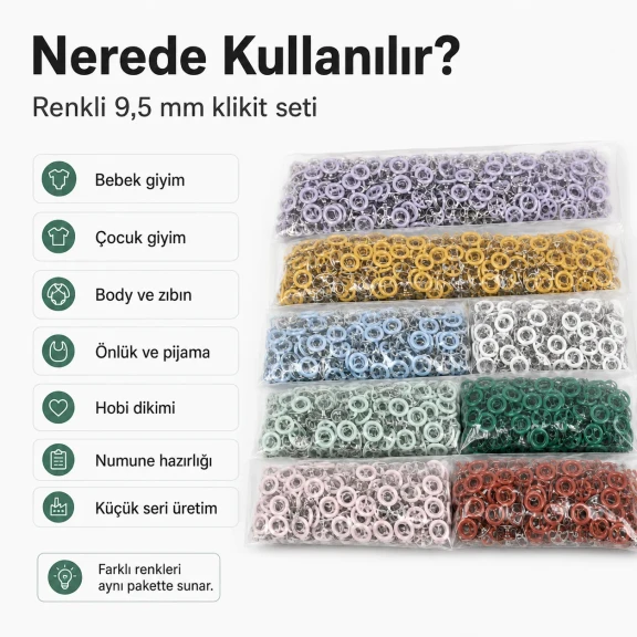 Bebe Çıtçıtı 9,5 mm 8 Renk Set Delikli Klikıt Çıtçıt Renkli Set C0095DP8R