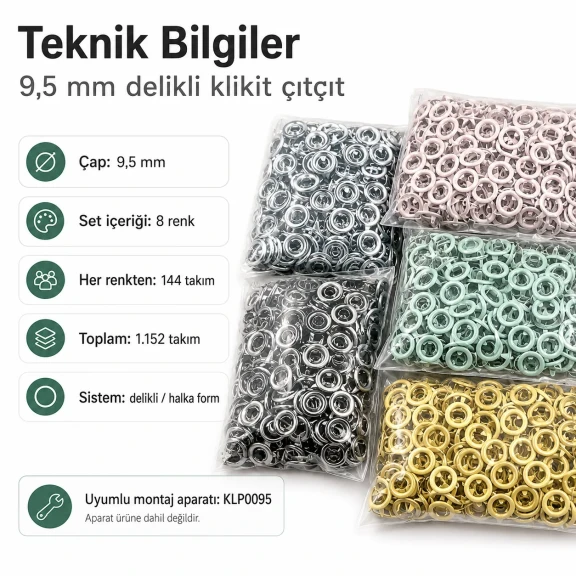 Bebe Çıtçıtı 9,5 mm 8 Renk Set Delikli Klikıt Çıtçıt Renkli Set C0095DP8R