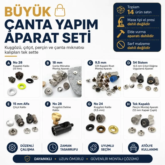 Çanta Yapım Sadece Aparatlar Seti – Kuşgözü, Çıtçıt, Perçin ve Çanta Mıknatısı Kalıpları Dahil CANTA-APARAT-SET-BUYUK-01