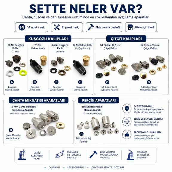 Çanta Yapım Sadece Aparatlar Seti – Kuşgözü, Çıtçıt, Perçin ve Çanta Mıknatısı Kalıpları Dahil CANTA-APARAT-SET-BUYUK-01