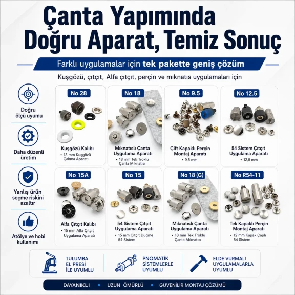 Çanta Yapım Sadece Aparatlar Seti – Kuşgözü, Çıtçıt, Perçin ve Çanta Mıknatısı Kalıpları Dahil CANTA-APARAT-SET-BUYUK-01