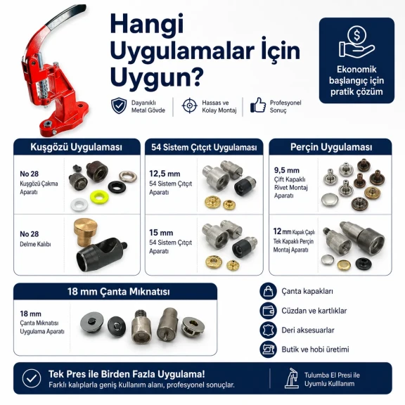 Ekonomik Çanta Yapım Kalıp Seti - El Presi, Kuşgözü, Çıtçıt, Perçin ve Çanta Mıknatısı Aparatları ile Çanta Yapım Seti