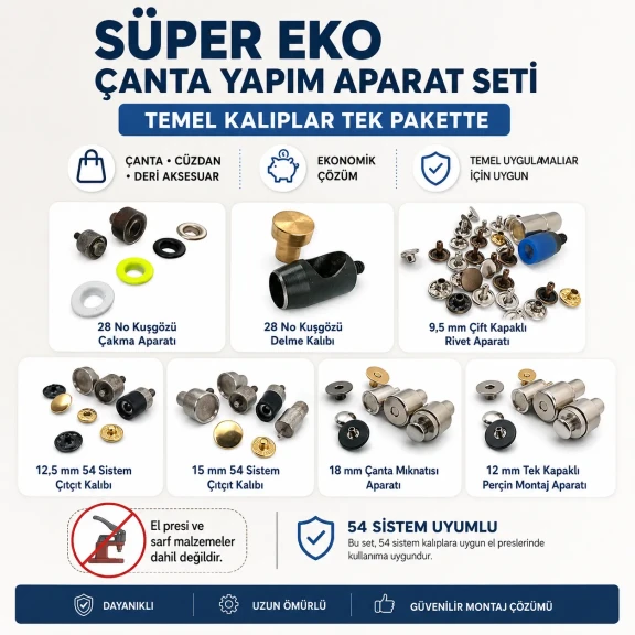 Süper Ekonomik Çanta Yapım Kalıp Seti – Kuşgözü, Çıtçıt, Perçin ve Çanta Mıknatısı Aparatları CANTA-APARAT-SET-SUPER-EKO-01