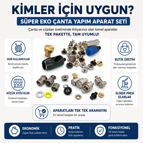 Süper Ekonomik Çanta Yapım Kalıp Seti – Kuşgözü, Çıtçıt, Perçin ve Çanta Mıknatısı Aparatları CANTA-APARAT-SET-SUPER-EKO-01