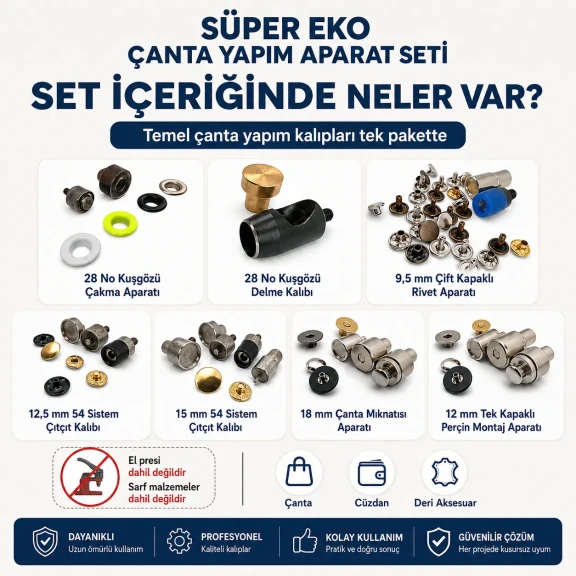 Süper Ekonomik Çanta Yapım Kalıp Seti – Kuşgözü, Çıtçıt, Perçin ve Çanta Mıknatısı Aparatları CANTA-APARAT-SET-SUPER-EKO-01