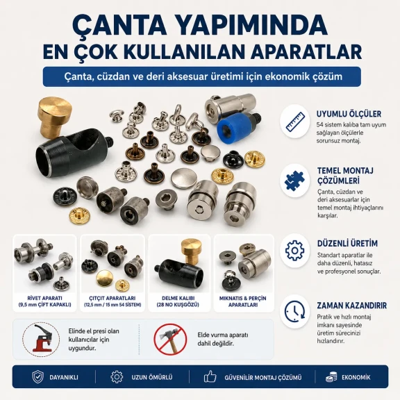 Süper Ekonomik Çanta Yapım Kalıp Seti – Kuşgözü, Çıtçıt, Perçin ve Çanta Mıknatısı Aparatları CANTA-APARAT-SET-SUPER-EKO-01